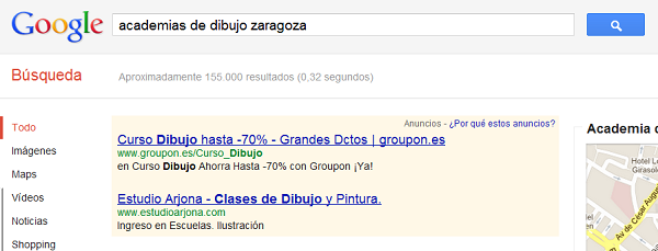 Búsqueda en Google de la cadena 'Academias de dibujo Zaragoza' (Devuelve un resultado patrocinado de una academia de Madrid).
